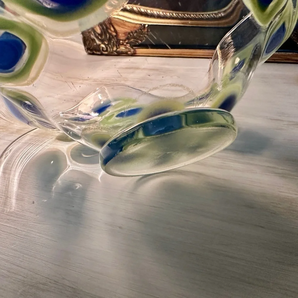 WAVY, CLEAR MIX BOWL WITH BLUE/GREEN DESIGN. HANDMADE. 8 1/4”W X 3 1/2”H